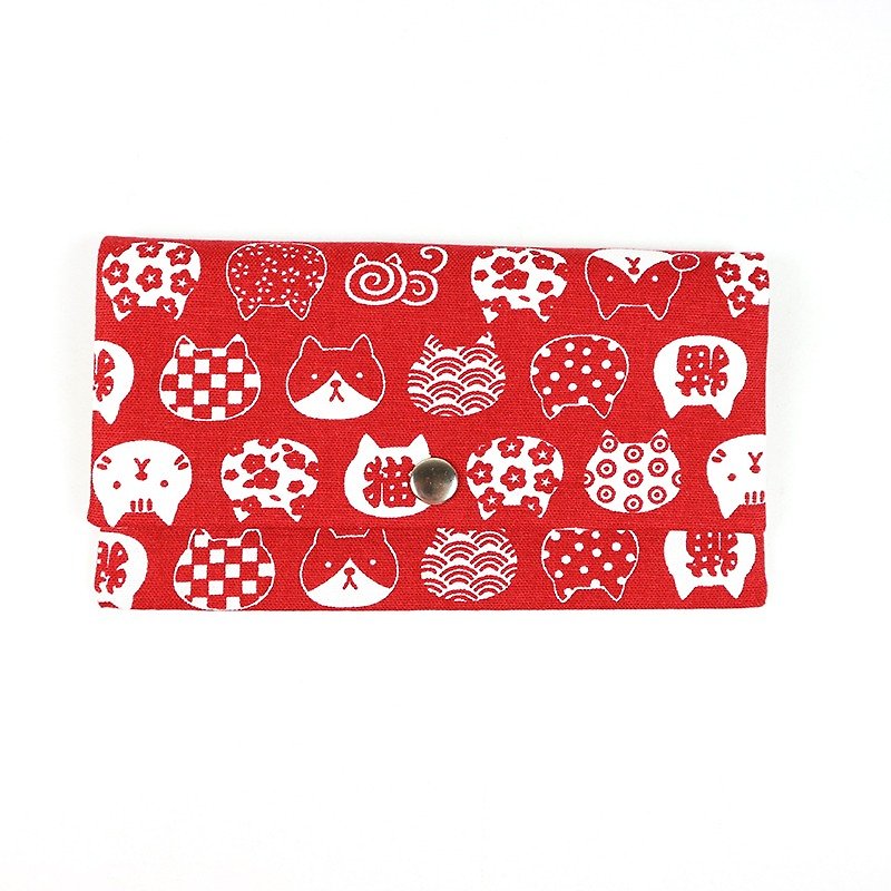 紅包袋 存摺 現金收納袋-日式貓臉(紅) - 紅包袋/春聯 - 棉．麻 紅色
