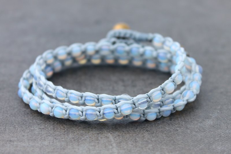 Opalite Hemp Beaded Woven Wrap Bracelets Men Unisex Stone Bracelets - Bracelets - Cotton & Hemp Transparent