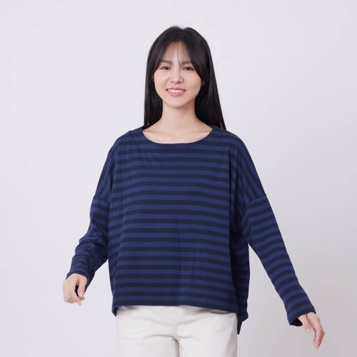 so that's me Karen船型領柔軟條紋長袖上衣/藍
