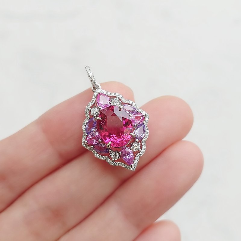 Red Tourmaline, Pink Purple Sapphires, Diamonds, 18K Solid White Gold Pendant - Necklaces - Gemstone Red