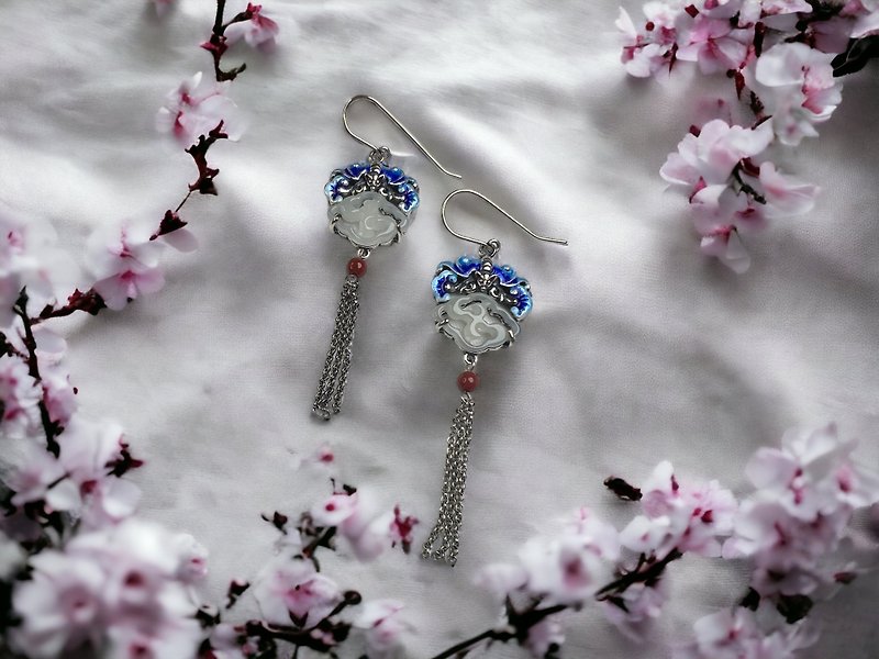 Qilu Jewelry / Burning Blue Series s925 Earrings / Begonia Fulu Hetian White Jade - Earrings & Clip-ons - Enamel 