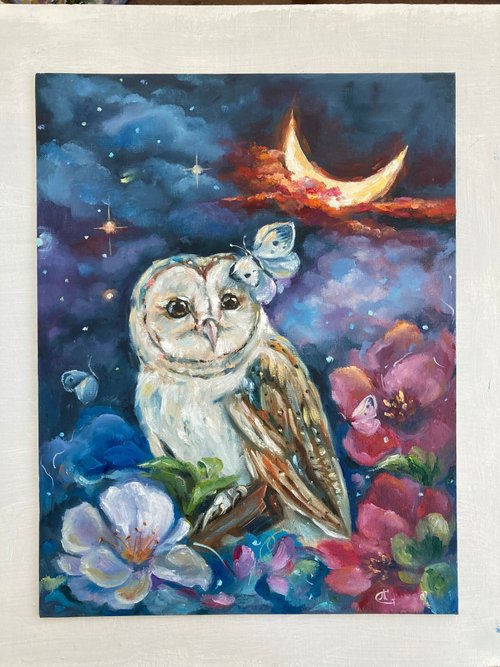 絵画 。壁掛け絵原画手描き【美しい月夜、猫たちとフクロウのデート】 絵画 。壁掛け絵原画手描き【美しい月夜、猫たちとフクロウの