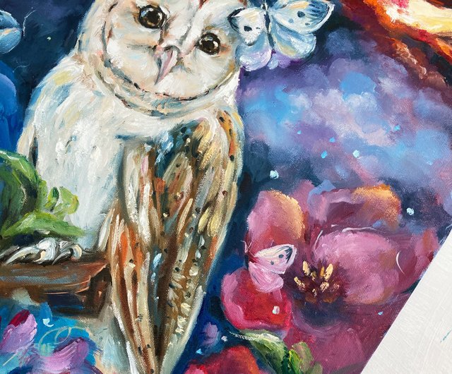 Owl in flowers oil original painting/Night painting/Moon painting - Shop  Soulart Wall Décor - Pinkoi