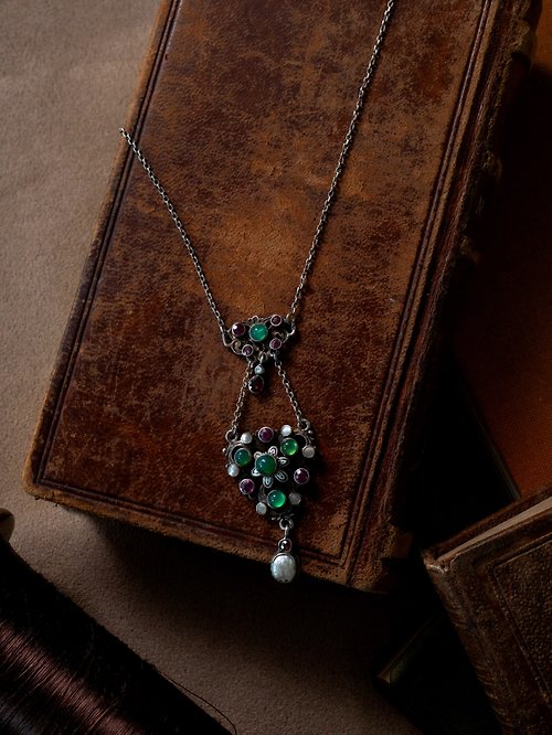鑲珹古董珠寶 1870-1890s 奧匈帝國 彩寶珠母貝琺瑯墜鍊
