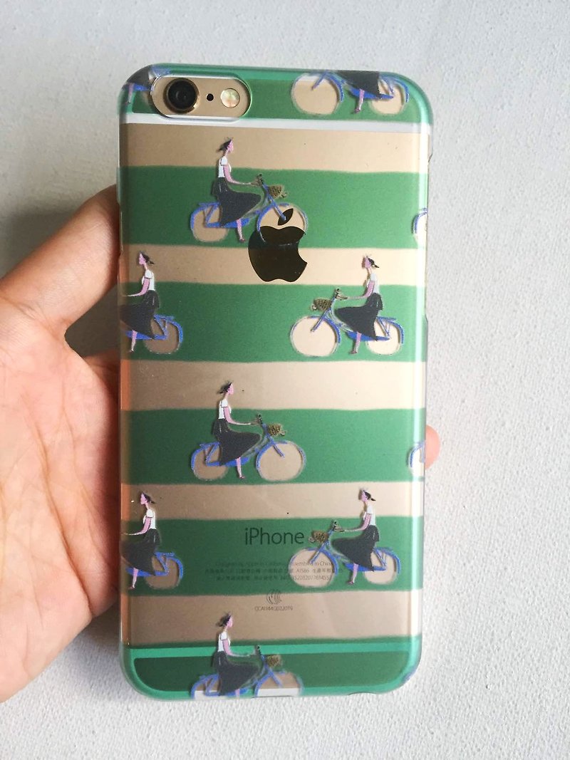 Bicycle Girls Clear iPhone7 Case, Personalized Gift with Hand Drawn Illustration, Cute Gift for Bike Lovers, Gift for Her - เคส/ซองมือถือ - พลาสติก สีเขียว