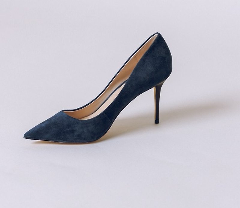 Elegant fine with minimalist leather pointed high heels dark blue - รองเท้าส้นสูง - หนังแท้ สีน้ำเงิน