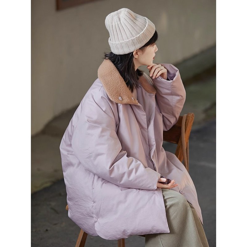 Water-soft pink poplin and silk cotton stand-collar white duck down jacket - Women's Tops - Other Materials 