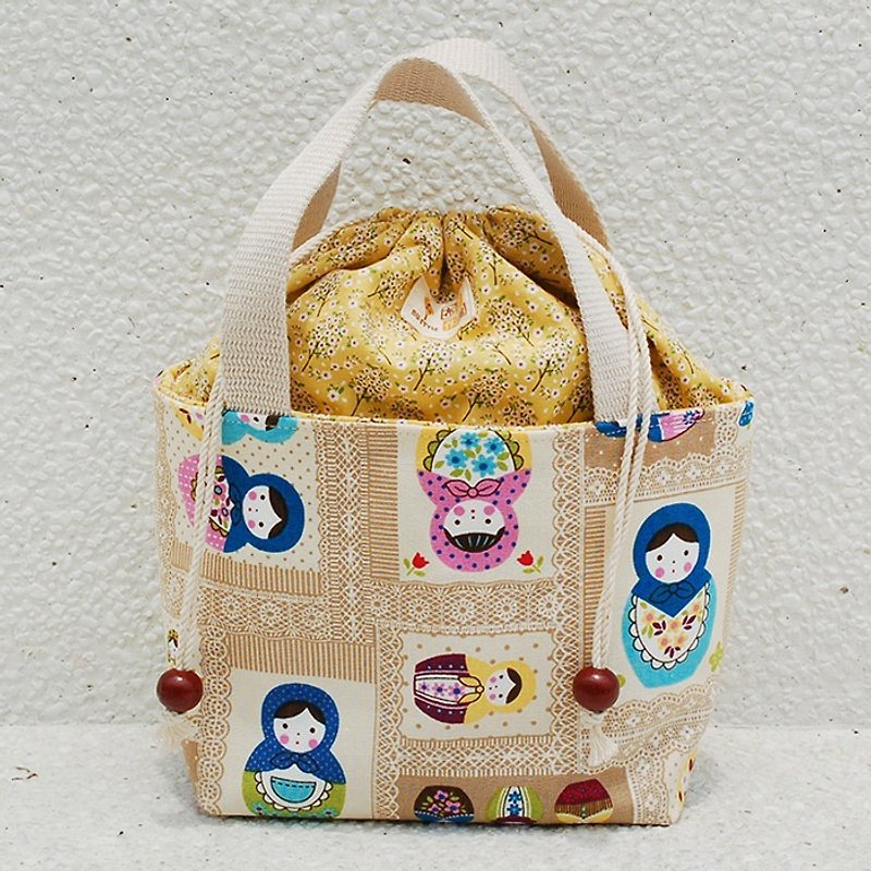 Russian doll mouth bag / bag - กระเป๋าถือ - ผ้าฝ้าย/ผ้าลินิน สีกากี