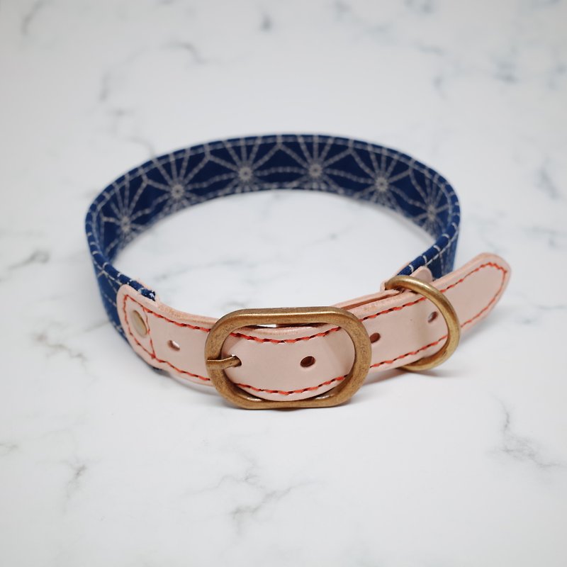 Dog L size collar Japanese style geometric dark blue dots can be purchased with a tag with a bell - Collars & Leashes - Genuine Leather 