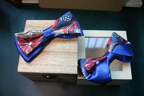 小可愛和小領帶 宝蓝色复古花纹领结真丝八字结Bow tie