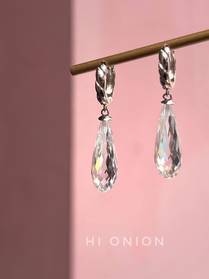 Hi Onion原創小眾超閃透明鋯石水滴耳環S925銀耳扣耳夾個性高級 - 耳環/耳夾/耳骨夾 - 其他材質 