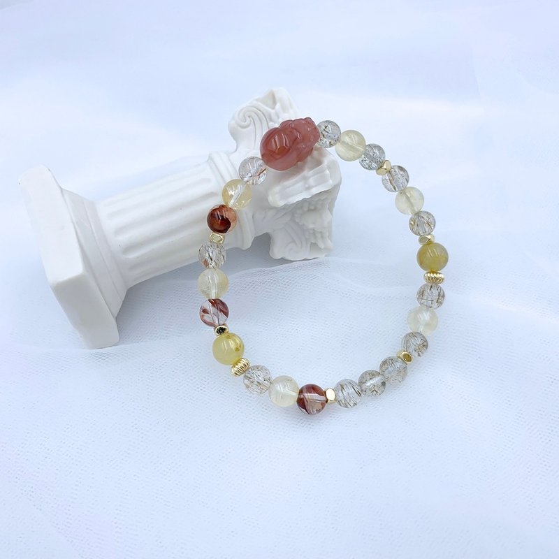 波舞豐年 / 鹽源瑪瑙 銅髮晶 金髮晶 紅膠花 黃水晶 水晶手鍊 - 手鍊/手環 - 其他材質 金色
