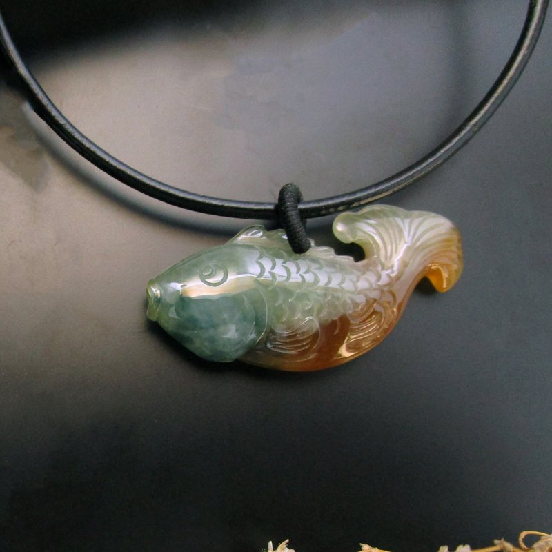 Necklace Simple Classical Ruyi Fish Tricolor Burmese Jade / Both sides can be worn / - Necklaces - Jade Green