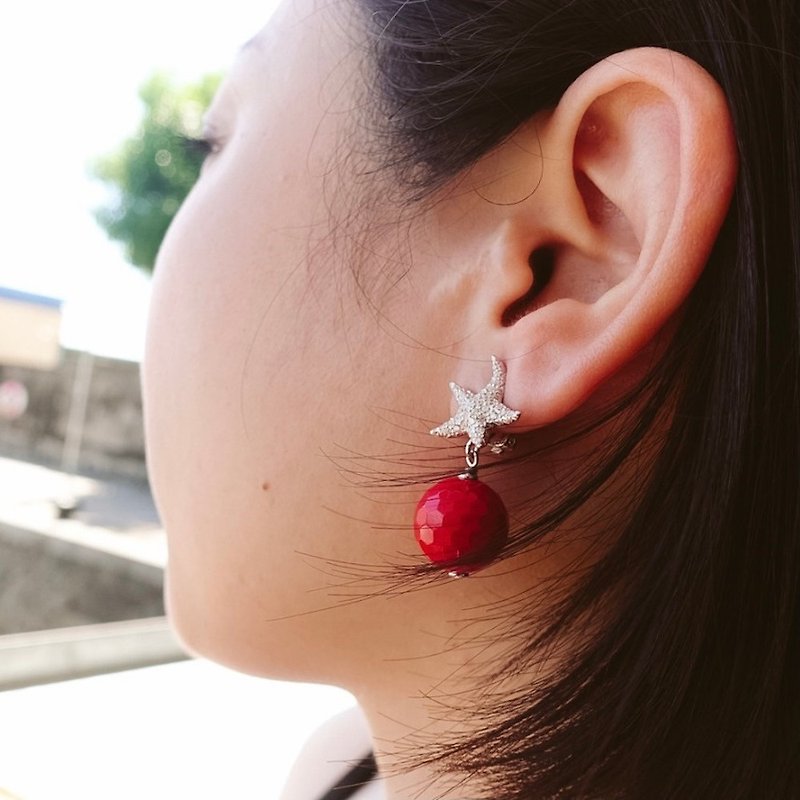 紅瑪瑙 詩巴丹系列 海星耳環 可訂製耳夾 - 耳環/耳夾 - 純銀 紅色