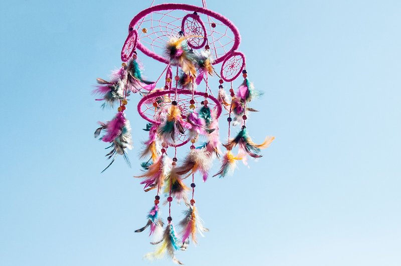 National style hanging boho hand-woven cotton and linen dream catcher dream Cather- peach red star - ของวางตกแต่ง - ขนแกะ สึชมพู