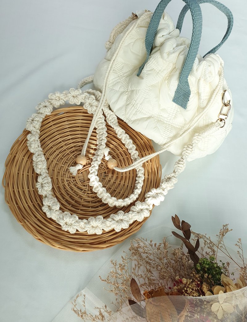 3way 輕量款 納帕絎縫束口包/附手工編織背帶/柔軟溫暖質感 - 側背包/斜背包 - 棉．麻 白色