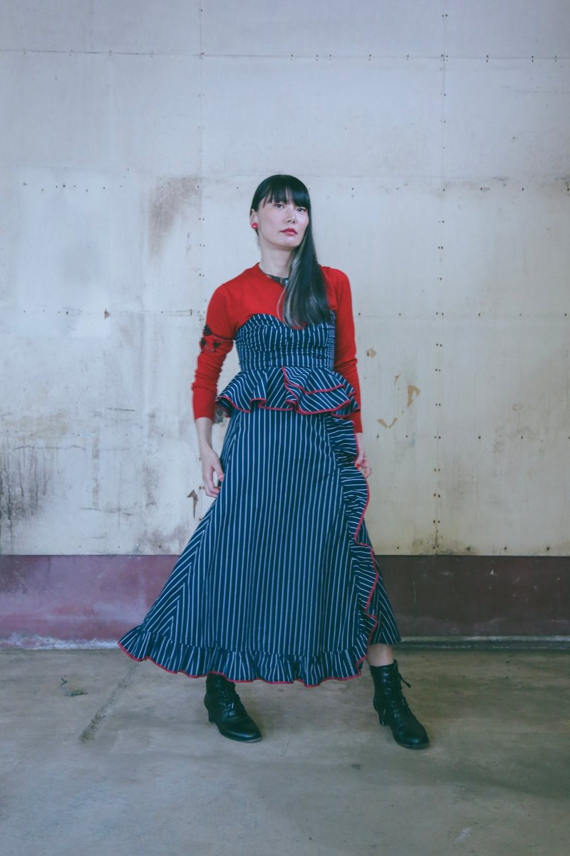 Frilled skirt - navy stripes x red - - Skirts - Cotton & Hemp Blue