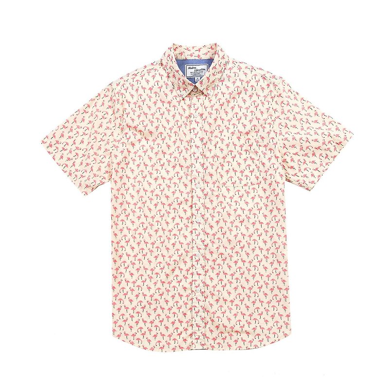 Flamingo Print Shirt 紅鶴印花襯衫 - 男襯衫/休閒襯衫 - 棉．麻 卡其色