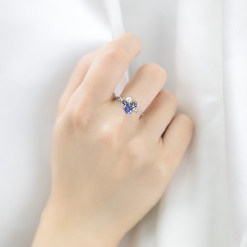 Purplemay Jewellery 【天然彩寶】18K金鑲嵌藍寶石Akoya珍珠 天然彩寶石戒指 R088A