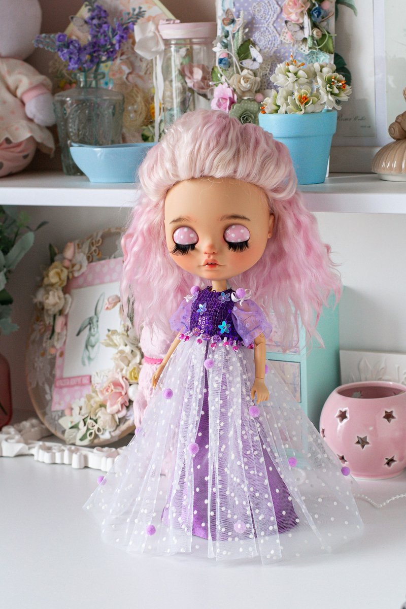 Dress for Blythe doll for princess purple - Stuffed Dolls & Figurines - Cotton & Hemp Purple