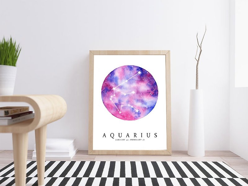 【Aquarius】 Zodiac Watercolor Art Print. Purple Pink Galaxy Milky Way Horoscope. - Posters - Paper 