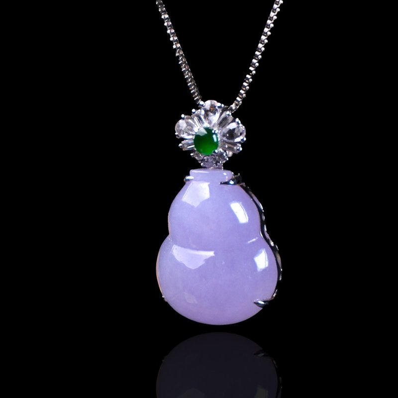 冰種紫羅蘭翡翠葫蘆項鍊 18K金鑽石 | 天然緬甸玉A貨翡翠 | 送禮 - 吊飾/掛飾 - 玉石 紫色