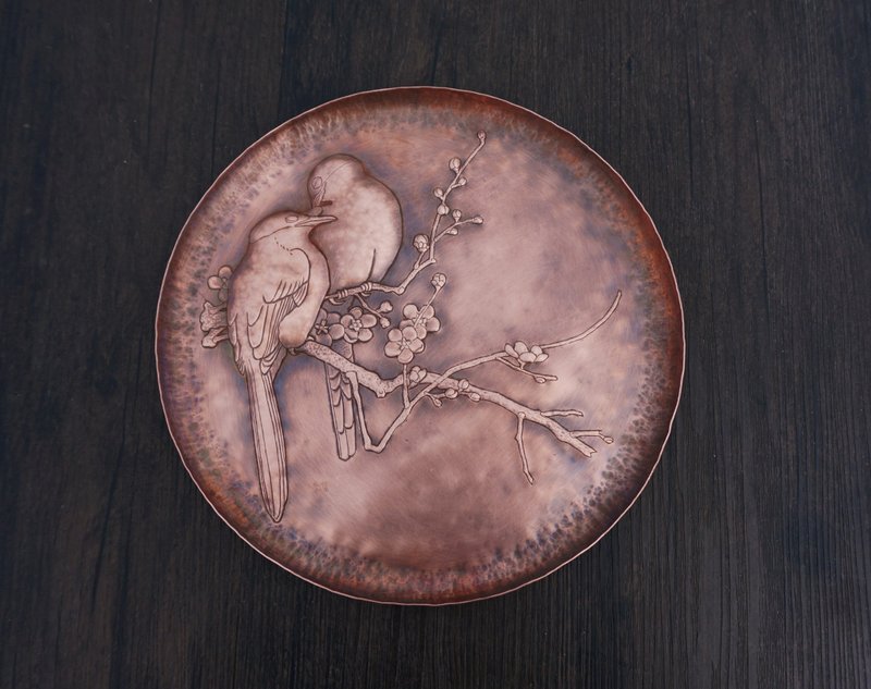 渓山手作 手彫り 鏨刻 梅雀図 浮彫り銅皿 銅小皿 デザート皿 銅豆皿 オーダーメイド可能 - 置物 - 金属 