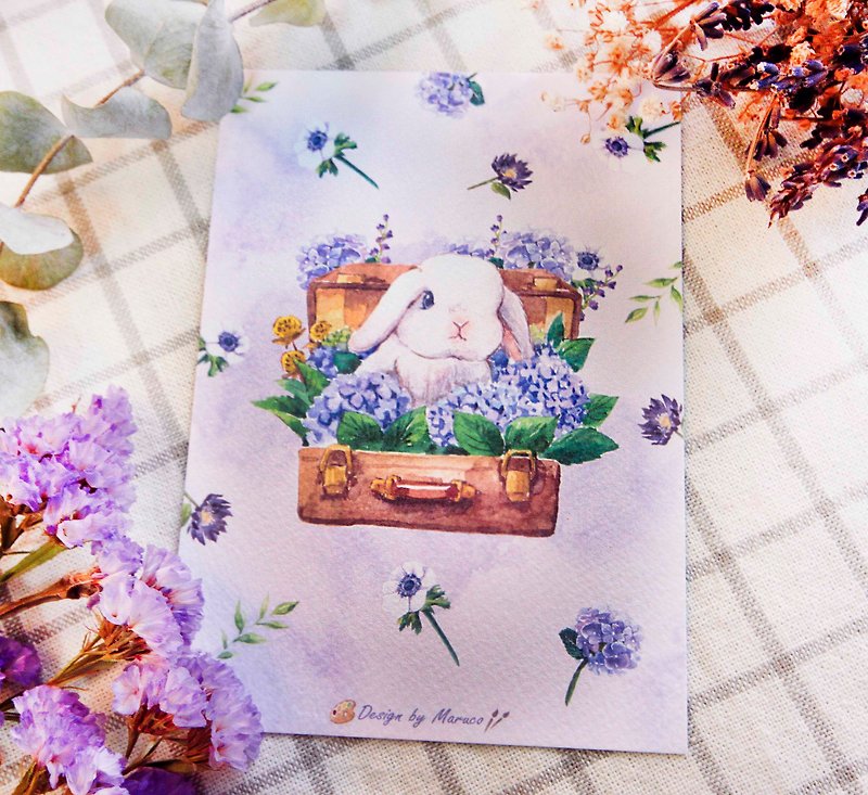 Hydrangea White Rabbit - Thick Watercolor Paper Postcard - Cards & Postcards - Paper Purple