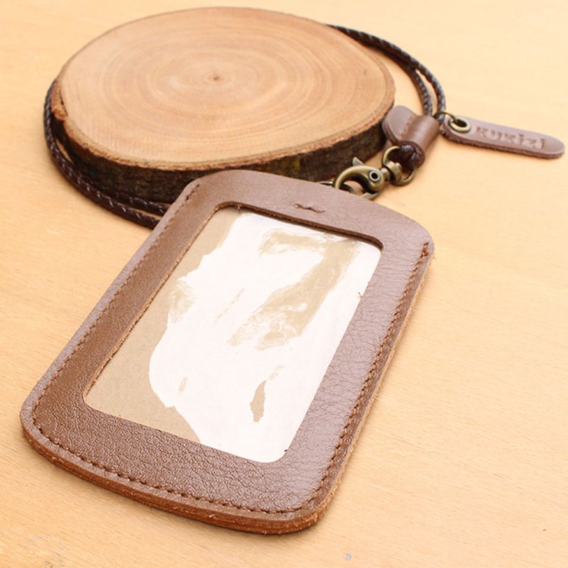 ID case / Key card case / Card case / Card holder - ID 1 -- Tan + Dark Brown Lanyard (Genuine Cow Leather) - ที่ใส่บัตรคล้องคอ - หนังแท้ 