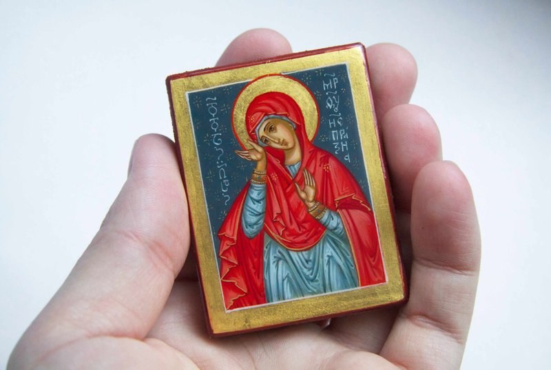 hand painted orthodox christian Virgin Mary icon Helper in childbirth - 其他 - 木頭 紅色