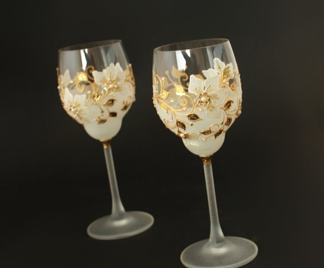 Wine Glasses Black Gold Flowers Swarovski Crystals, Hand-painted set of 2 -  Shop NeA Glass Bar Glasses & Drinkware - Pinkoi