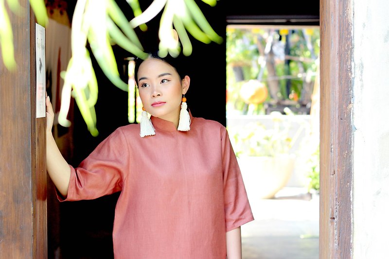 Peony : linen Chinese-collar dress - One Piece Dresses - Cotton & Hemp Pink