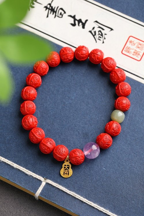 水墨 天然原礦硃砂精品紅砂梅蘭竹菊手鏈 規格10mm 硃砂含量高達95%以