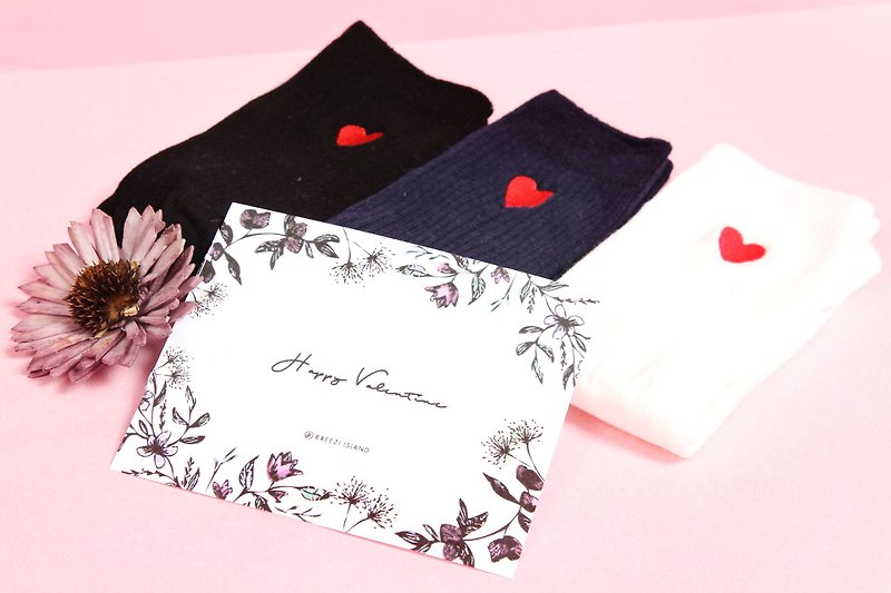 情人節愛心刺繡襪禮物組 - 附上有溫度的手繪情人節卡片 - 襪子 - 棉．麻 多色