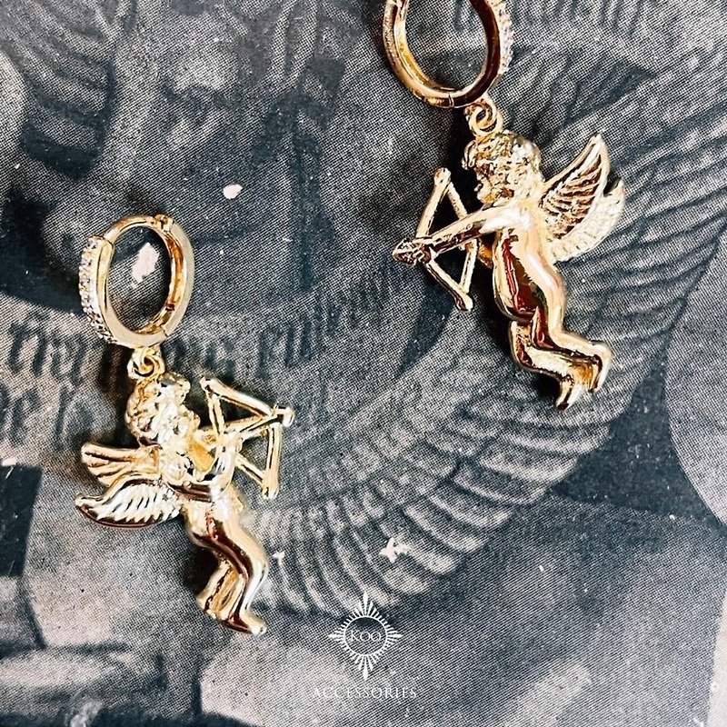 Cupid's Trouble Golden Little Angel Diamond Earrings - ต่างหู - ทองแดงทองเหลือง 