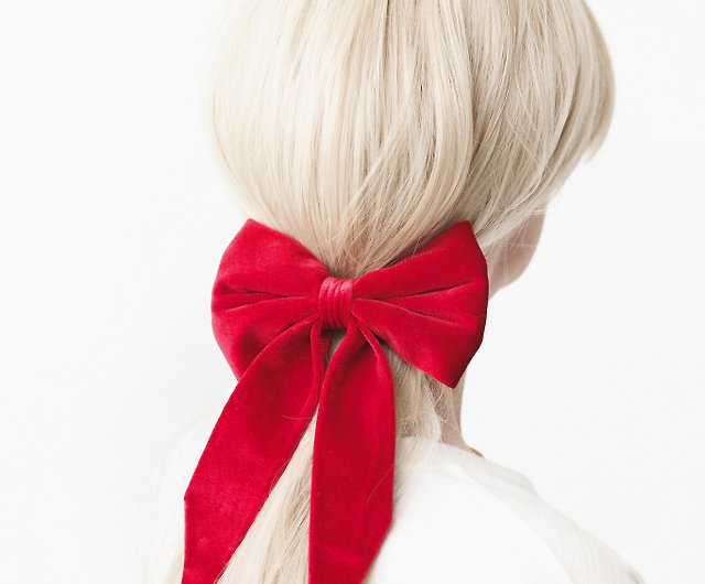 Red Bow for Girl, Velvet Hair Bow Clip for Women, Big Hair