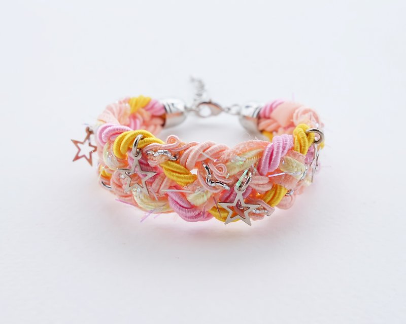 Pink/yellow/peach braided bracelet with silver stars - 手鍊/手鐲 - 其他材質 橘色