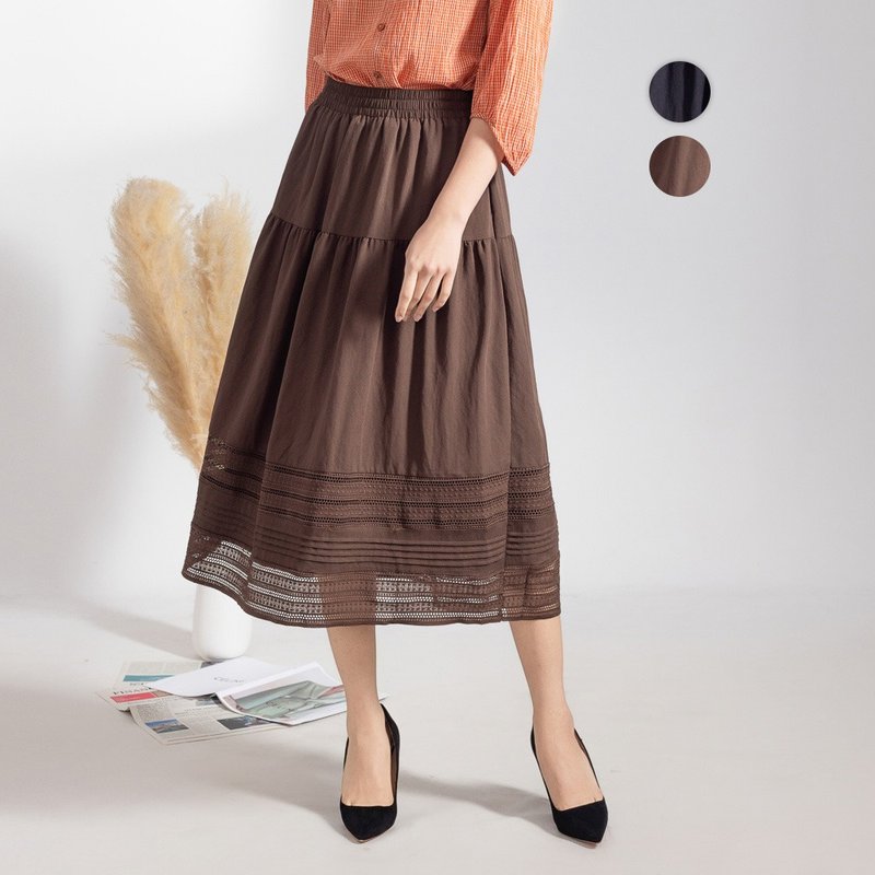 【ICare】層次拼接蕾絲蛋糕長裙 - 2色(F) | 女長裙 氣質裙裝 - 裙子/長裙 - 棉．麻 咖啡色