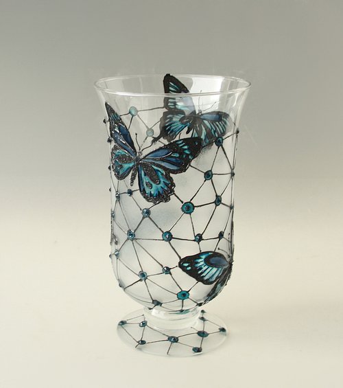 NeA Glass Glass Vase Lamp Candle Holder Blue Butterflies Hand-painted