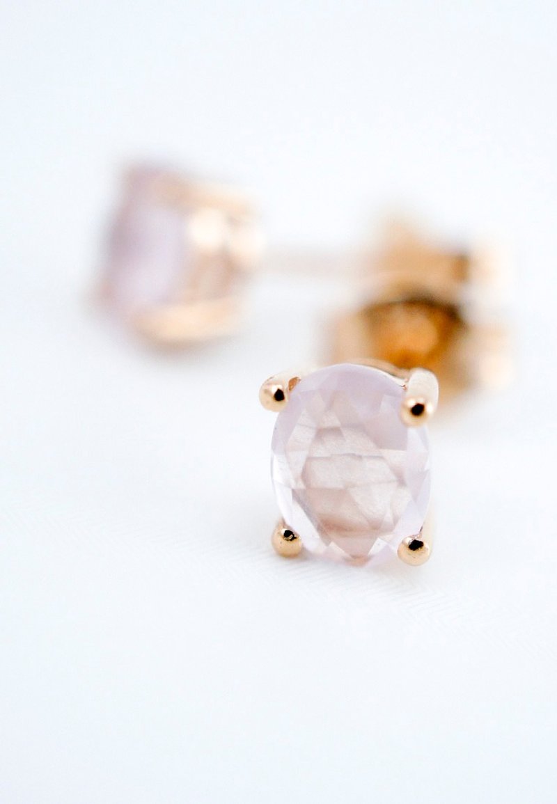 Indulgent - 6x4mm Oval Rose Cut Faceted Rose Quartz 18K Rose Gold Plated Silver Earring - Earrings & Clip-ons - Gemstone Pink