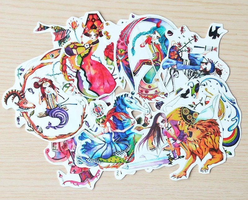 Tiger monkey - 12 constellation illustrator stickers / a set of 12 sheets - Stickers - Paper White