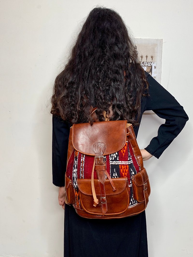 Moroccan Amazigh Kilim Backpack  - Backpacks - Genuine Leather Brown