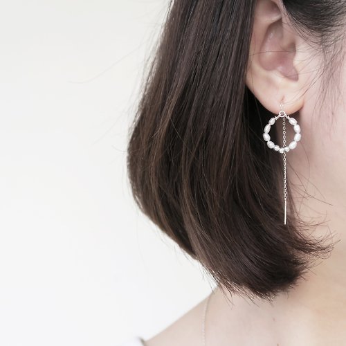 COOL & HOT 925純銀 珍珠花圈 耳環 耳夾 一對 免費送禮包裝