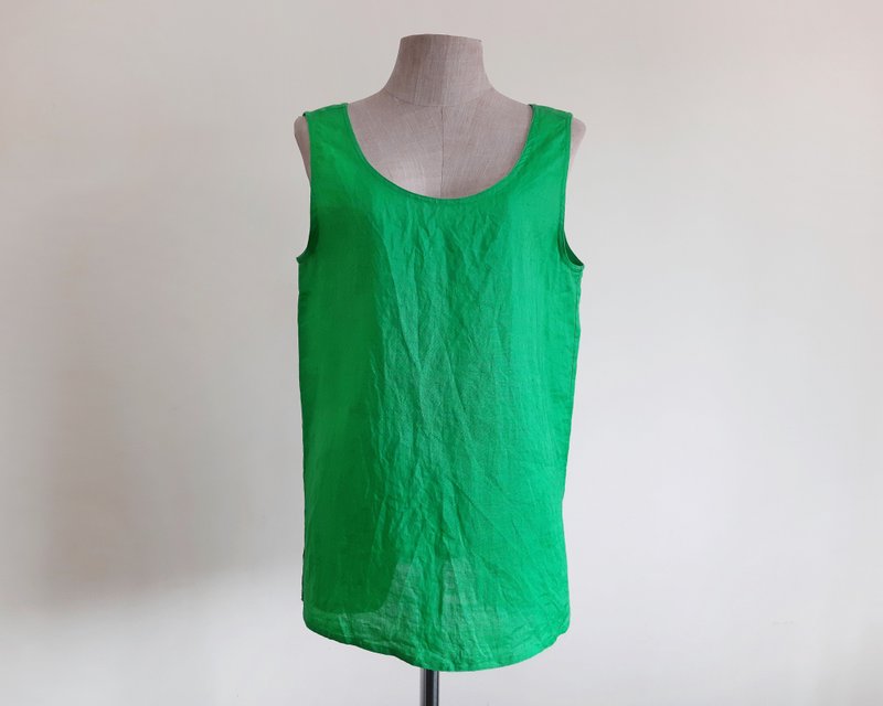 Small Vintage Green Linen Tank Top Womens Sleeveless Pullover Scoop Neck Blouse - 女裝上衣 - 棉．麻 綠色