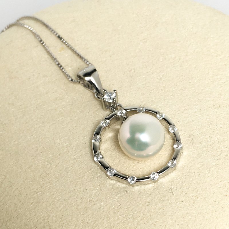 Natural White Genuine Freshwater Round Pearl Dangle Circle 925 Silver Necklace - Necklaces - Pearl White