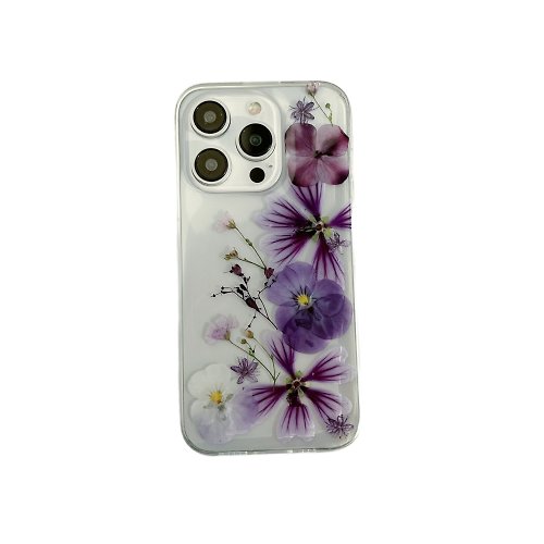 FeimeiPresents 紫色三色堇 繡球花 手工押花手機殼適用於iPhone Samsung Sony LG