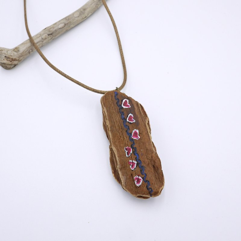 Upcycling Necklace, Natural, Wood piece, Free hand drawing, Zen drawing, Eco - blue, pink - สร้อยติดคอ - ไม้ สึชมพู