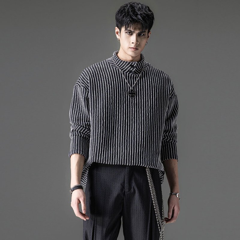 Cutting Soul Series High Neck Stripe T-shirt Fashion Men's Casual Top - เสื้อยืดผู้ชาย - ผ้าฝ้าย/ผ้าลินิน สีดำ
