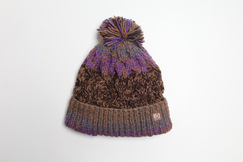 咖紫毛球雜線翻邊純羊毛線手工編織全襯防風毛帽|交換禮物|聖誕節 - 帽子 - 羊毛 咖啡色