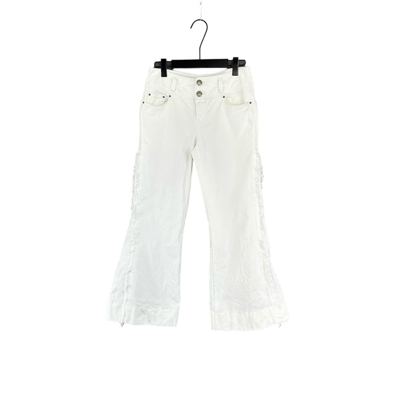 Y2K Bennyton White Denim Stitching Mustache Pocket Flare Low Waist 29 Trousers PF323 - กางเกงขายาว - ผ้าฝ้าย/ผ้าลินิน ขาว